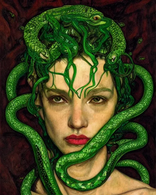 Image similar to portrait of medusa with many green snakes by greg rutkowski in the style of egon schiele