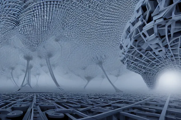 Prompt: tourists visiting a complex organic fractal 3 d ceramic megastructure, cinematic shot, foggy, photo still from movie by denis villeneuve