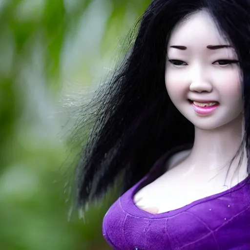 Image similar to zi di had a head of curvy black hair, and her pale skin glistened with sweat, giving her a delicate appearance. her features were defined, and she had a beautiful smile beyond the ordinary. she had a slim body. the most attractive part of her was her big, purple eyes, shining like clear amethyst.