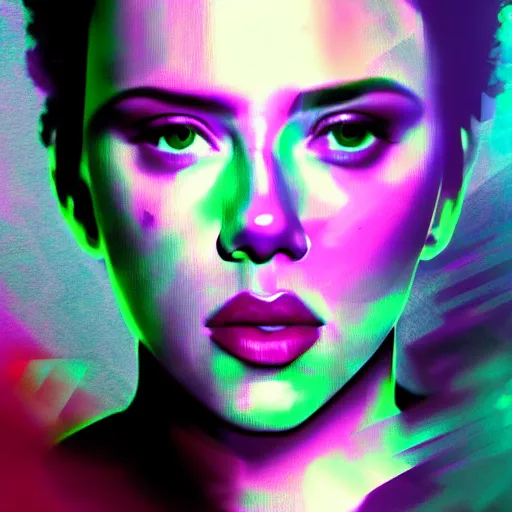 Image similar to surreal scarlett johansson covered in chromatic abberations mysterious foggy misty room, beautiful, pscychodelic, trending on artstation, artwork by Nicolas Winding Refn