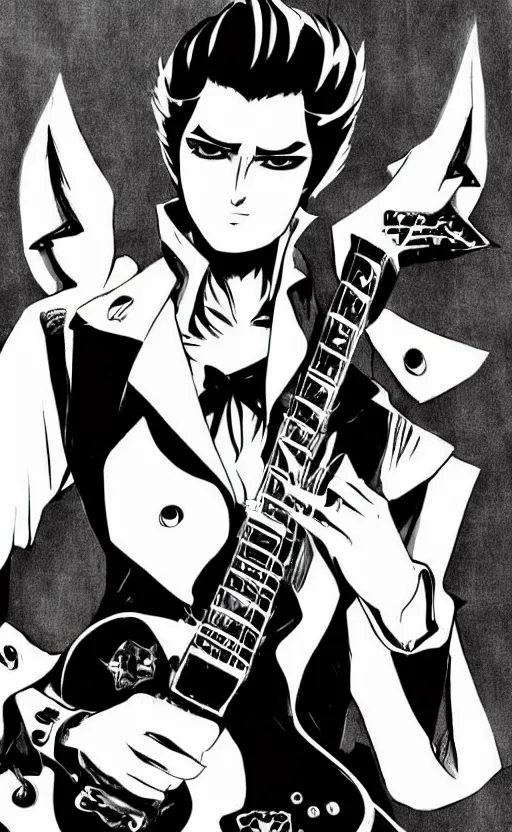 Prompt: anime elvis presley, rockabilly anime illustration, rock'n'roll cartoon, professional drawing, trending on pixiv