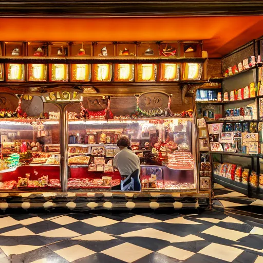 Prompt: Inside an old fashioned sweet shop, fantasy vendor interior, wide angle, cinematic shot, highly detailed, cinematic lighting , photorealistic, 8K