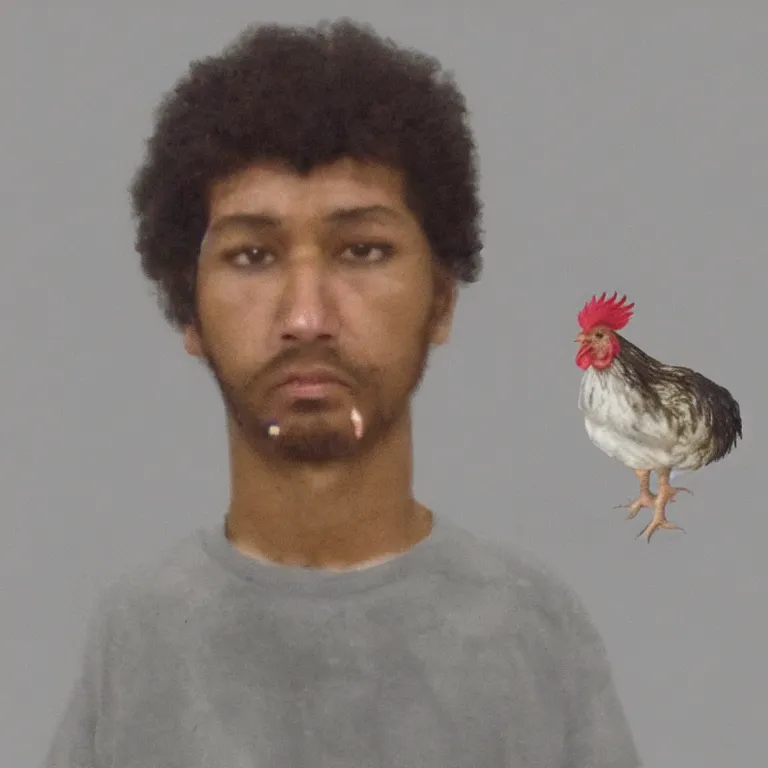 Prompt: criminal mugshot of a chicken human