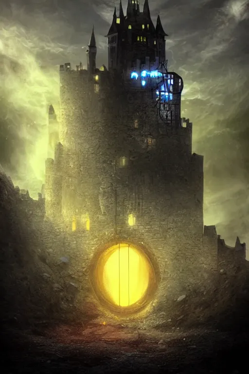 Image similar to Cybernetic Castle housing a Blackhole in a Claw-shaped Cage above the Castle, atmospheric, digital art, fantasy, magic, arcane, volumetric lighting, illustration, realistic