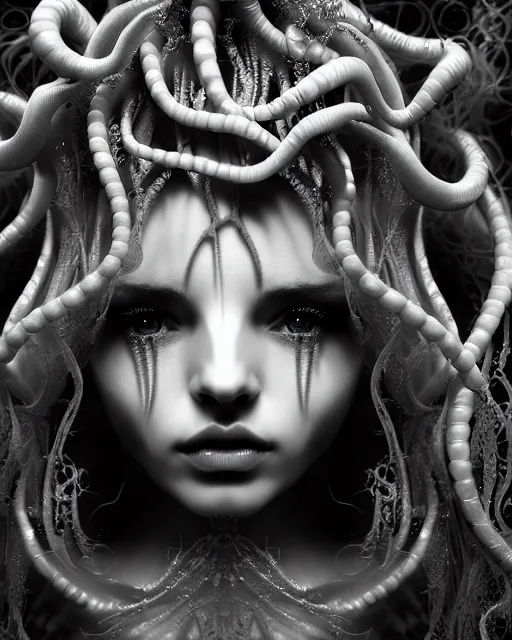 Prompt: mythical dreamy underwater black and white photo of a translucent beautiful young female angelic - medusa - vegetal - doll, highly detailed, intricate crystal ivy jelly ornate, poetic, translucent algae ornate, digital art, octane render, 8 k artistic photography, photo - realistic, hg giger