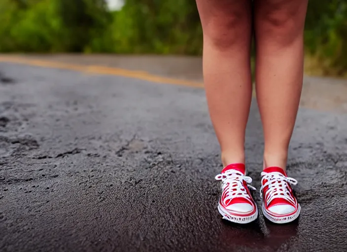 Prompt: side view of the legs of a woman hook sitting on the ground on a curb, very short pants, wearing red converse shoes, wet aslphalt road after rain, blurry background, sigma 8 5 mm