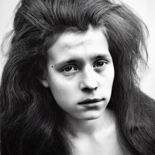 Prompt: pencil drawing of wide-angle portrait of a typical person with waist-length incredible hair and piercing eyes by Richard Avedon, gelatin silver finish, nd4, 85mm, perfect location lighting