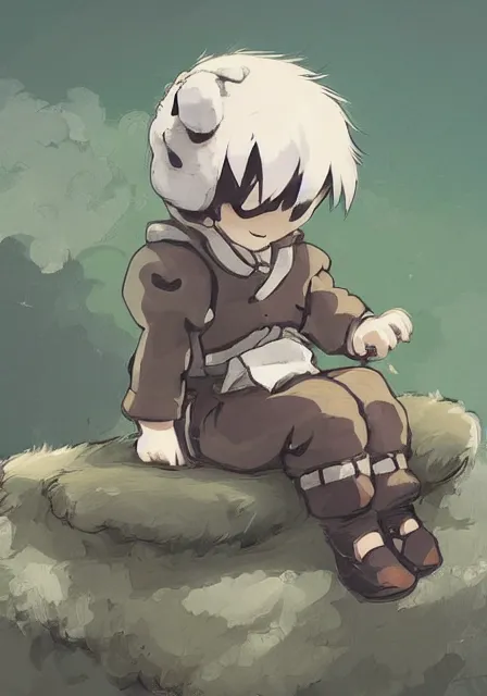 Image similar to beautiful little boy wearing sheep suit using a smartphone while sitting on chair, gray, blue, green and brown pallet color. made in abyss art style, inspired in kris from deltarrune, cute detailed artwork, anatomically correct, soft details, ilya kuvshinov, reflection, perfect composition, mobile wallpaper