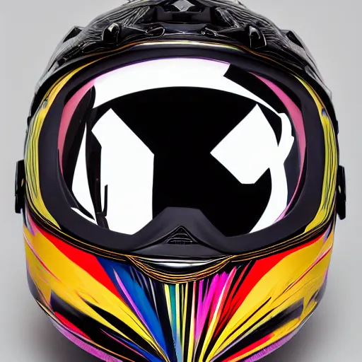 Image similar to photo of a glossy black marble statue of a girl with colorful motocross logos and motorcycle helmet with reflective mirrored visor, carved marble statue, fine art, in the style of virgil abloh, 8 k, 4 k, detailed, realistic, beautiful, symmetrical