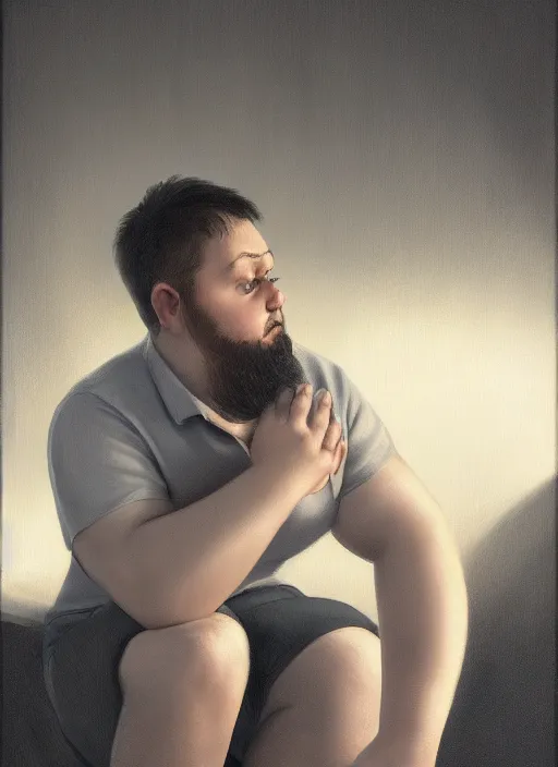 Prompt: insanely detailed chiaroscuro image of a sleepy - looking chubby well - dressed programmer guy on his knees facing his glowing ultrawide monitor begging it for forgiveness, oil on canvas, masterwork, fine detail, trending on artstation, emotive, insanely compelling, ryden, koons, moebius