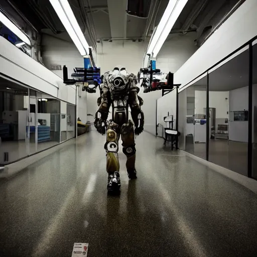 Image similar to a man in a mech suit walking in a lab, National Geographic photo, !!award-winning!!