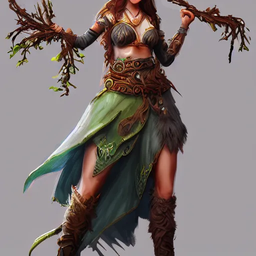 Prompt: a female druid character, concept art, high resolution and detail, photorealistic, cinematic, amazing, inspiring, attractive, full body in frame