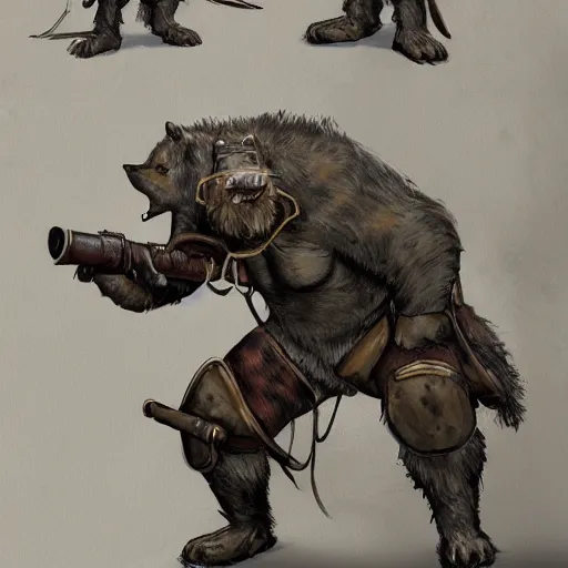 Image similar to concept art of a high fantasy ww1 bear beast-man soldier using a bazooka trending on artstation, detailed high resolution