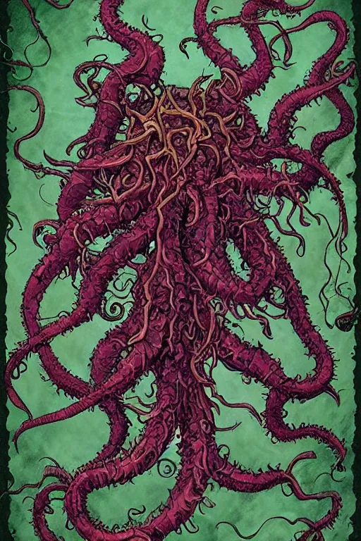 Prompt: ancient eldritch plant horror cthulhu, concept art, digital art, tarot card