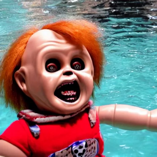 Prompt: a screaming chucky doll swimming after a gondola of tourists in venice