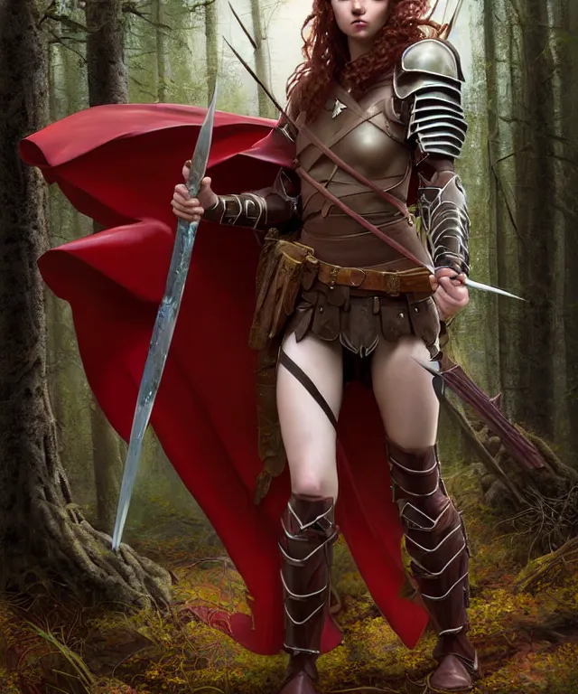 Prompt: hyperrealistic mixed media painting of a beautiful young female ranger, stunning 3d render inspired art by P. Craig Russell and Barry Windsor-Smith + perfect facial symmetry + dim volumetric lighting, dark red hair, pale skin, crimson leather armor with long flowing cape, stealthily moving through a dark forest, dizzy, full body, d&d, 8k octane beautifully detailed render, post-processing, extremely hyperdetailed, intricate, epic composition, grim yet sparkling atmosphere, cinematic lighting + masterpiece, trending on artstation, very very detailed, masterpiece, stunning