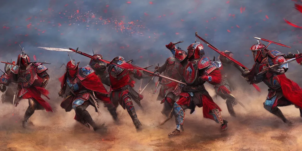 Image similar to mid action shot cinematic artwork of warriors in blue armor fighting warriors wearing red Chinese armor on the battlefield by greg rutowski, masterpiece, 4k