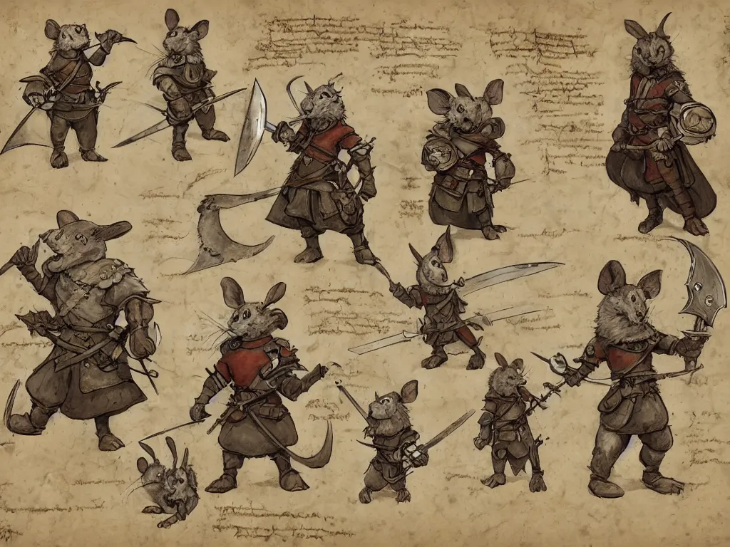 Image similar to character design sheet for a heroic mouse knight with sword and shield on a parchment background, redwall, greg rutowski and jean baptiste monge, very very detailed, epic fantasy concept art