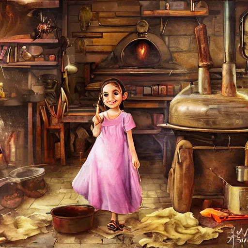 Image similar to the blacksmits’ daughter, working in the forge, a smile at her face, fantasy art in the style of Lilia Alvarado,