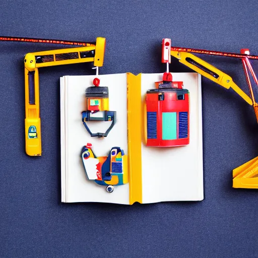 Image similar to photograph of a book being put together by a toy construction crew. Toy crane. white background, studio photography