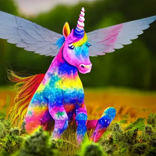 Image similar to a tye - die unicorn with wings eating in a field of marijuana, wildlife photography, 8 k, highly detailed