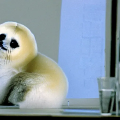 Image similar to a baby harp seal reading nuclear weapon plans in a well - appointed office, photo, gentle bokeh