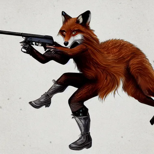 Image similar to a beautiful, dynamic illustration of an anthropomorphic fox - woman running and gunning with a winchester rifle, wild west theme, focal depth, highly detailed digital art, trending on artstation, 8 k,