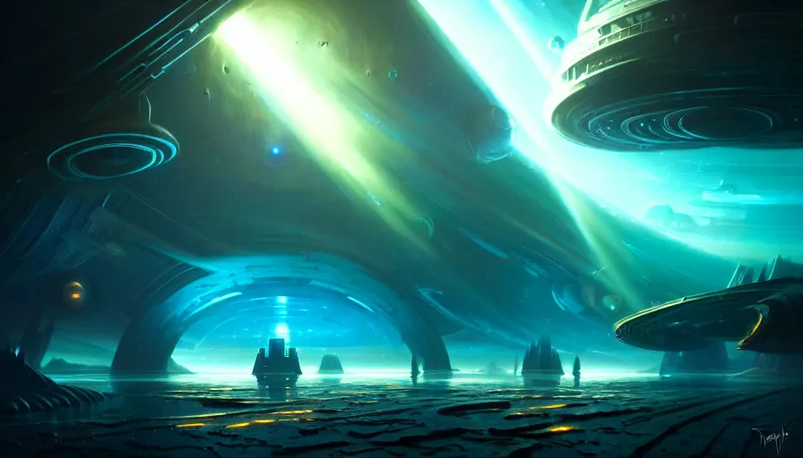 Prompt: paint an epic sci - fi exploration scene as sd ai would paint it on a water surface planet, in the style of tom bagshaw, epic scene, glowing light and shadow, cinematic lighting, unreal engine, atmospheric, god lighting, lasers