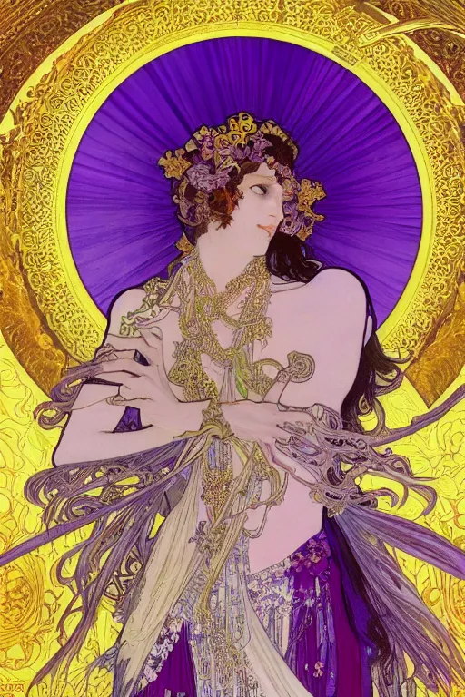 Prompt: thanatos, beautiful male god of death, closed eyes, long hair, wearing ornate silk and lace clothes, gold jewelry, moon, purple feathers, by Alphonse Mucha, rule of thirds, super detailed, 4k, sharp focus, illustration