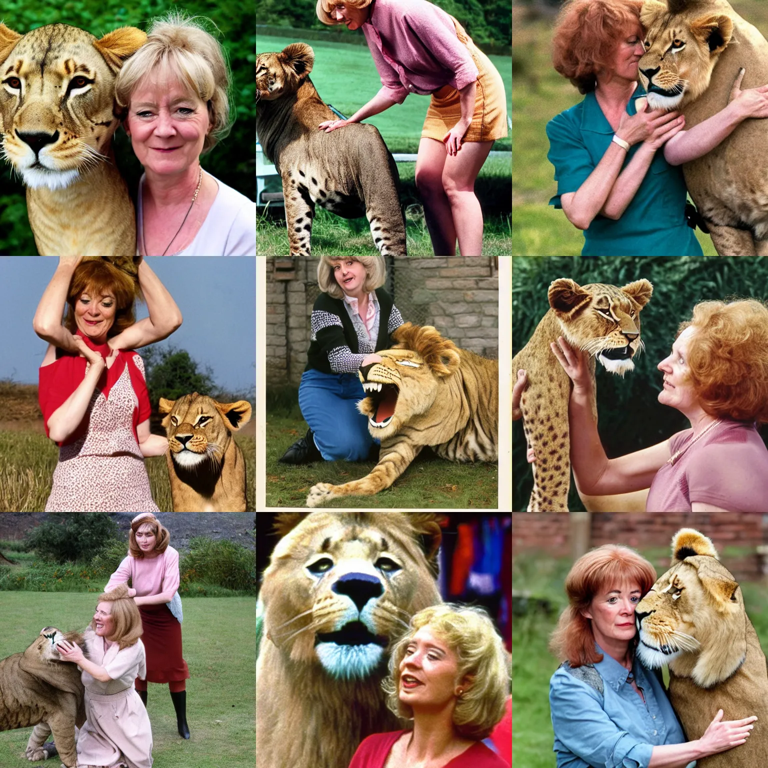 Prompt: Sally Breton as Lucy from the British sitcom 'Not Going Out', patting a lion on the head