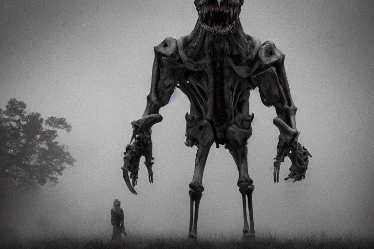 Image similar to a tall humongous angry monster made of bones, standing faraway in the far distance, realism, photo realistic, high quality, misty, hazy, ambient lighting, cinematic lighting, studio quality, scary, dreadful