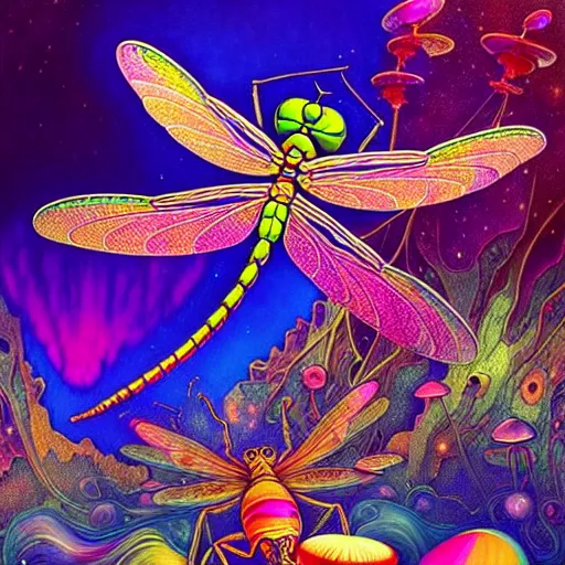 Image similar to An extremely psychedelic abstract illustration of celestial dragonfly, colorful, surreal, dramatic lighting, magic mushrooms, psilocybin, LSD, detailed, intricate, elegant, highly detailed, digital painting, artstation, concept art, smooth, sharp focus, illustration, art by Krenz Cushart and Artem Demura and alphonse mucha