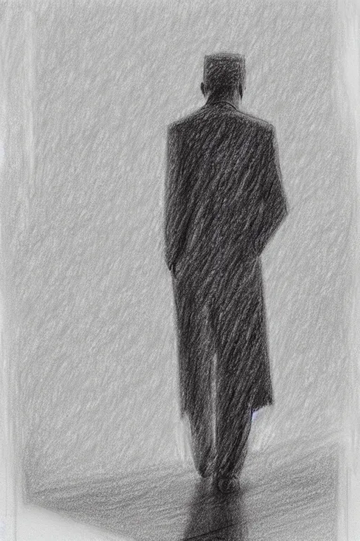 Image similar to a drawn man standing in the rain. pencil sketch.
