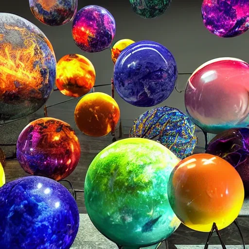 Prompt: multiple colorful globes full of twigs swirling around a hellscape, crystals illuminating the night sky