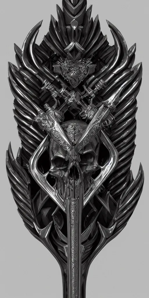 Image similar to a black and silver sword skull crest, ornament, weapon, a 3 d render by dom qwek, front side, concept art, trending on polycount, artstation, hard surface modeling, rendered in maya, zbrush, hd, vray, blizzard concept, symmetry