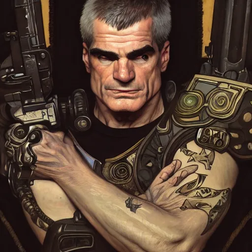 Image similar to full portrait of henry rollins as n overwatch character, fantasy, d & d, intricate, detailed, by by alphonse mucha, adolfo hohenstein, alice russell glenny, stanley artgerm lau, greg rutkowski, detailed, trending on artstation, trending on artstation, smooth