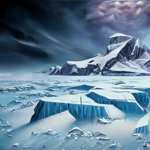 Image similar to menacing absence pathfinder Antarctica glacial cult incomprehensible topology ambience, realistic fantasy, oil painting, extremely high detail, photorealistic, cinematic lighting, oil painting, intricate line drawings, 4k resolution