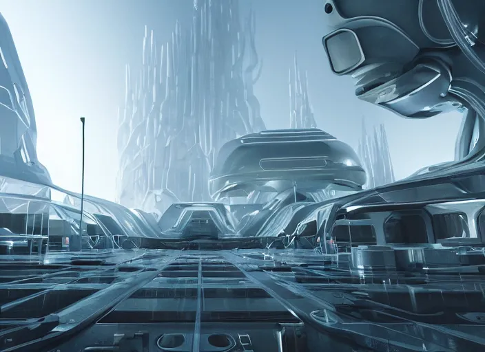 Image similar to cult of technology, exterior of scifi temple, machines, robots, ultra realistic, transparent labs, metallic surface, highly detailed, white, futuristic landscape, city, utopian architecture, atmosphere, masterpiece, portals, epic lighting, glowing wires, mysterious, 4 k, cinematic, art by patryk olkiewicz and chris ostrowski and liang yao