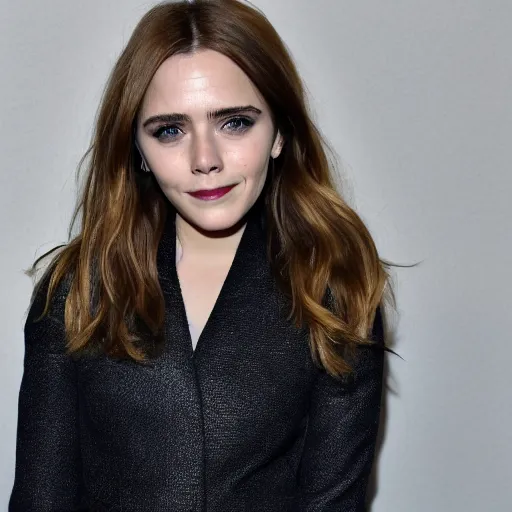 Image similar to a woman who is a genetic combination of elizabeth olsen and emma watson face and upper - body focus