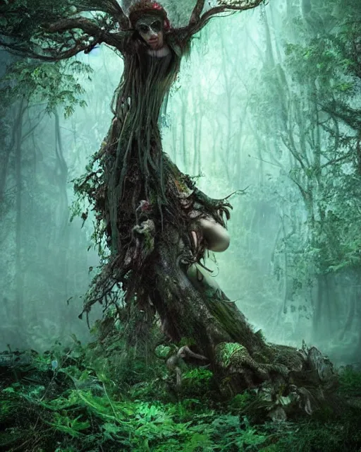 Image similar to a doomed goddess walking towards a ravenous, horrific portal to hades embedded in a creepy tree in a densely overgrown, magical jungle, fantasy, dreamlike sunraise, stopped in time, dreamlike light incidence, ultra realistic