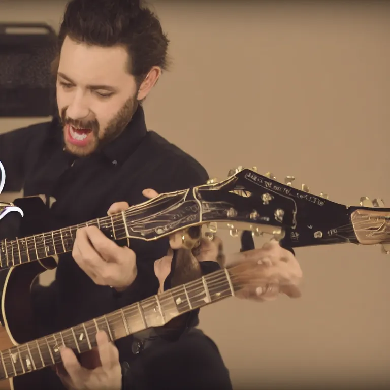 Prompt: corvo attano plays guitar, 2 0 1 5 official music video, shot on sony a 7, studio recording