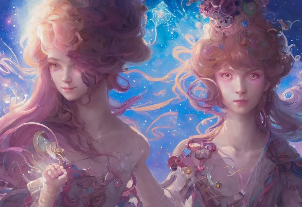 Prompt: close up picture of an maximalist dress magical girl, neat hair with bangs, smug face, fist to camera, extremely beautiful and aesthetic and detailed cute face and eyes, wipe out evils with cute astronaut familiar sprites, aming the magical beams, chiaroscuro, intricate, masterpiece, fantasy illustrations by peter mohrbacher and anato finnstark and jeremy lipking
