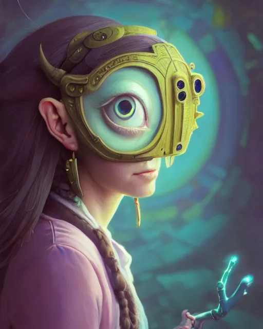 Prompt: highly detailed surreal vfx portrait of young woman wearing majora's mask, stephen bliss, unreal engine, greg rutkowski, loish, rhads, beeple, makoto shinkai and lois van baarle, ilya kuvshinov, rossdraws, tom bagshaw, alphonse mucha, global illumination, detailed and intricate environment