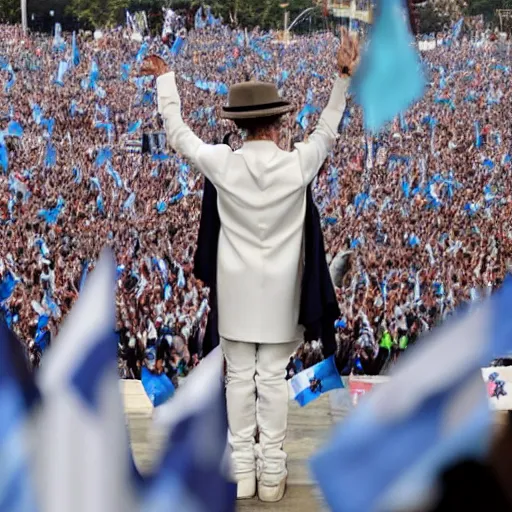 Image similar to Lady Gaga as president, Argentina presidential rally, Argentine flags behind, bokeh, giving a speech, detailed face, Argentina