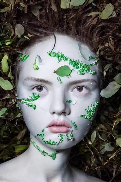 Image similar to full head and shoulders, beautiful porcelain female person, mixed with three giant eyes in macro detail, smooth, delicate facial features, white detailed eyes, white lashes, 3 d white shiny thick, wearing colourful streetwear, background is a wall of leaves, by daniel arsham and james jean, featured in pictoplasma