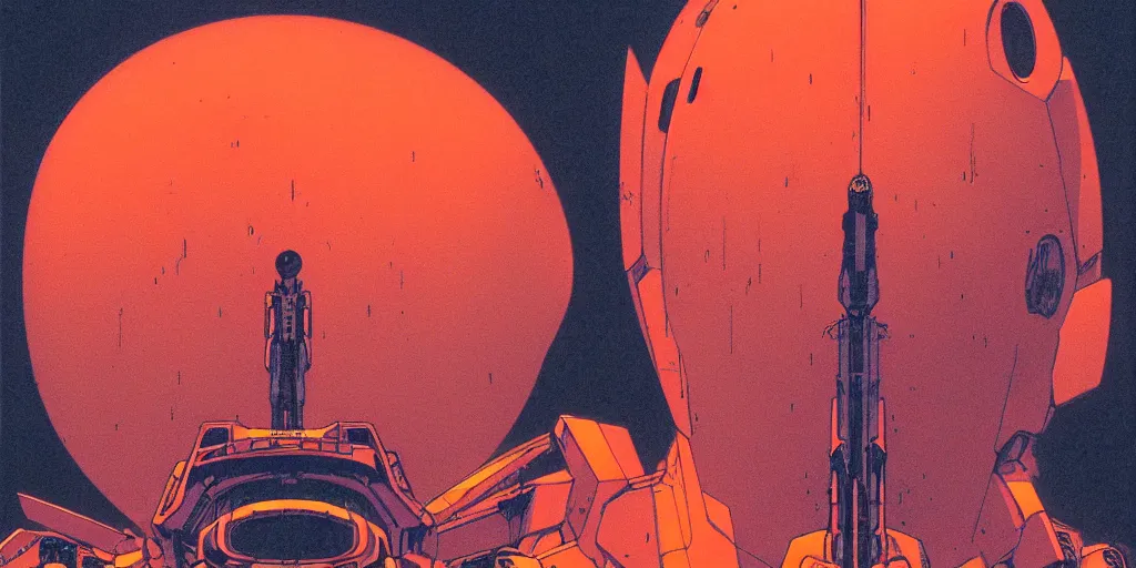 Prompt: grainy risograph matte painting of gigantic huge evangelion face with a lot of details - like mech covered ooze, orange and red matte colors, by moebius, close - up wide portrait, hyperrealism
