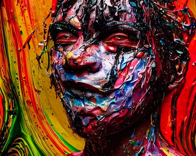 Image similar to still shot close up footage of the portrait of a human head made of acrylic pour and splashing paint and paint explosion and dripping paint and flying paint chunk, motion blur, hyperrealistic, medical, intricate art photography, anatomically correct, realistic crisp textures, 1 6 k