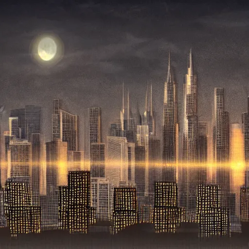 Prompt: nighttime falling over the skyline of a modern city. fullmoon. highly detailed, dynamic lightning, hyperrealistic