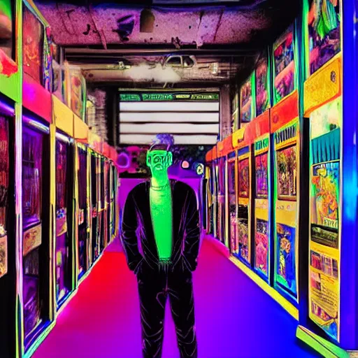 Prompt: black light photo, a man in a colorful velvet full body suit crouched inside a video rental store, nostalgia, hyper realism, the end of innocence