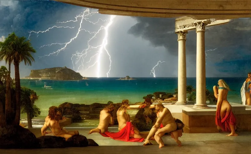 Image similar to mediterranean balustrade and columns, refracted lightnings on the ocean, thunderstorm, greek pool, beach and Tropical vegetation on the background major arcana sky and occult symbols, by paul delaroche, hyperrealistic 4k uhd, award-winning, very detailed paradise